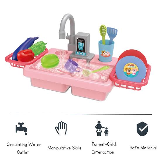 Kids Electric Play Dishwasher & Sink Toy Set with Running Water – 19 Pieces