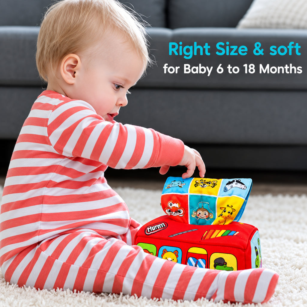 Baby Sensory Tissue Box Toy with Silk Scarves & Crinkle Cloths – Bus & Dinosaur Series (Ages 6M+)