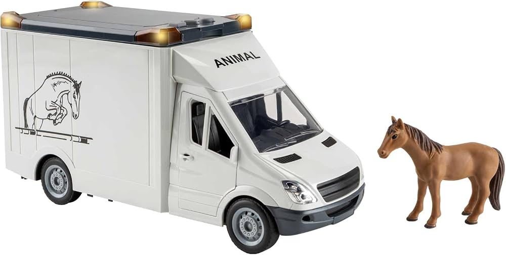 Interactive Friction-Powered "Horse Transporter" Van Toy with Realistic Horse Figure, Lights & Sound Effects (Ages 3+)