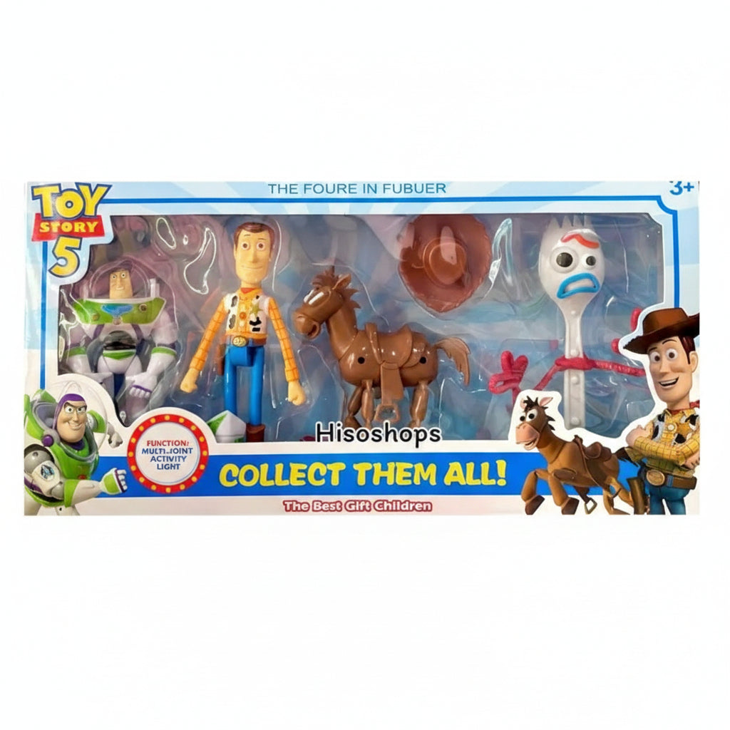 Toy Story 5 action figure set with Woody, Buzz Lightyear, and other characters in packaging.