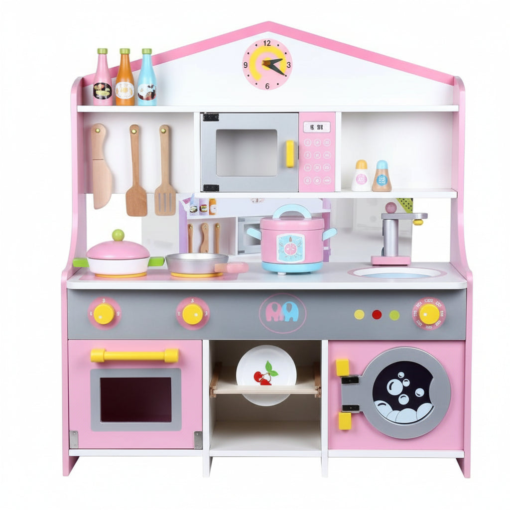 Interactive Wooden Play Kitchen Set with Cooking Accessories & Washing Machine (Pink & White)