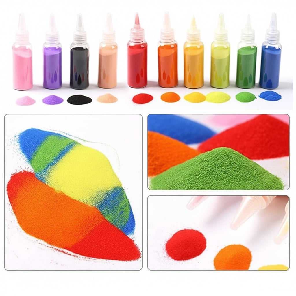 A set of small squeeze bottles filled with colorful powder or pigment, shown above close-up panels of the same colors as loose powders and sand. The bottles include pink, purple, black, tan, red, orange, yellow, green, blue, and white, and the inset images show the powders and sand in bright rainbow colors.