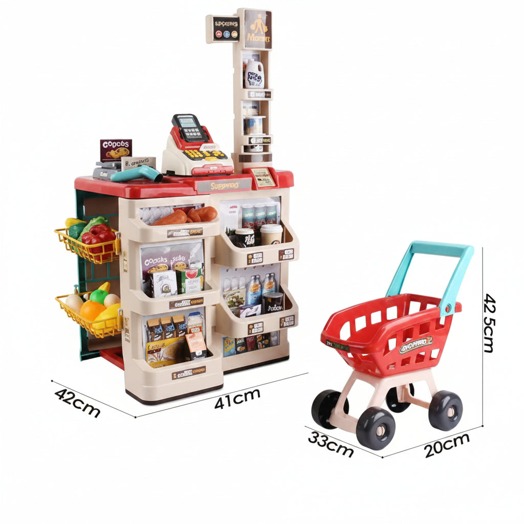 Children's toy supermarket set with a shopping cart, shelves, and various items on a white background.
