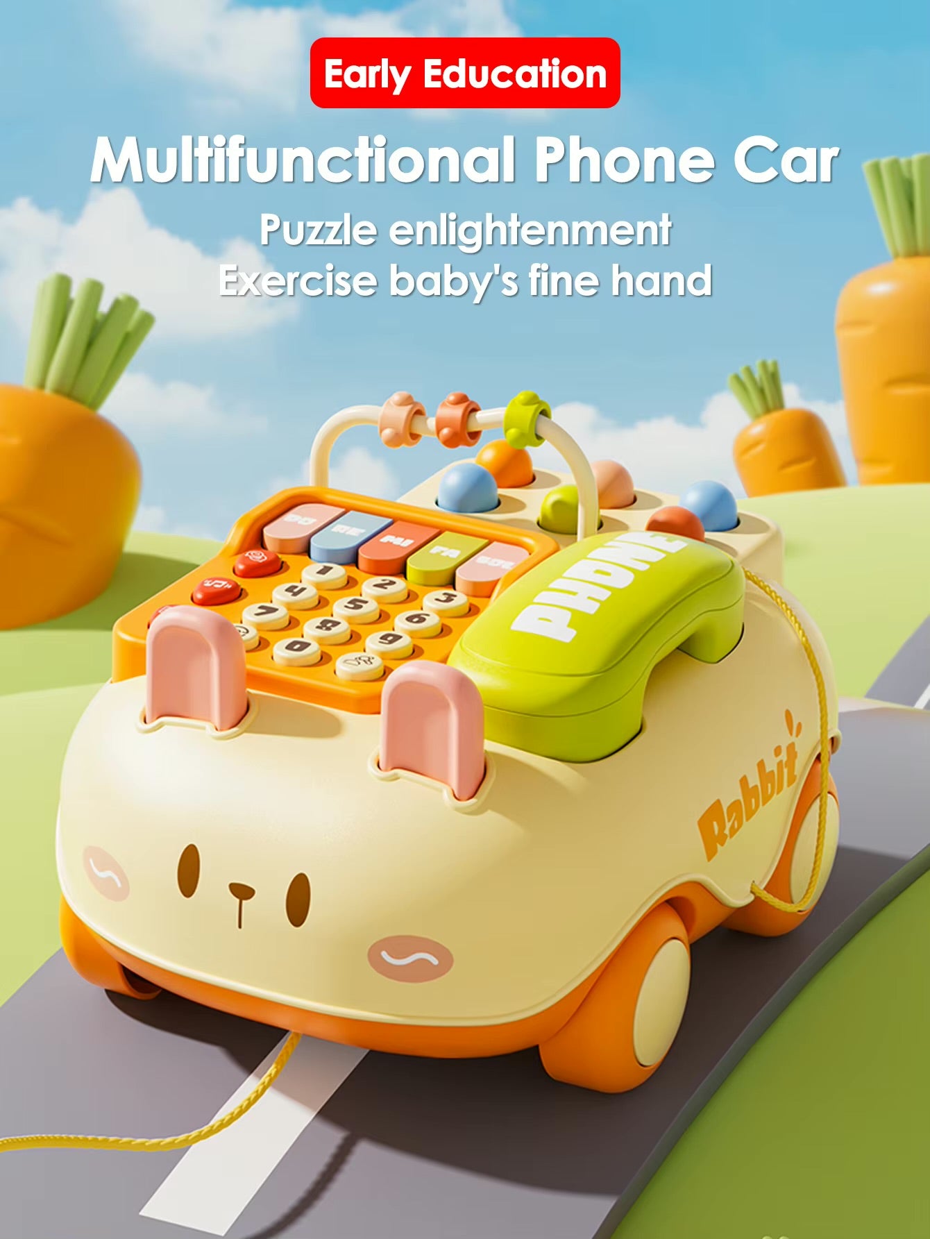 Cute Rabbit Mobile Phone Car Ages 1+ Interactive Sound Toy Gift For Kids
