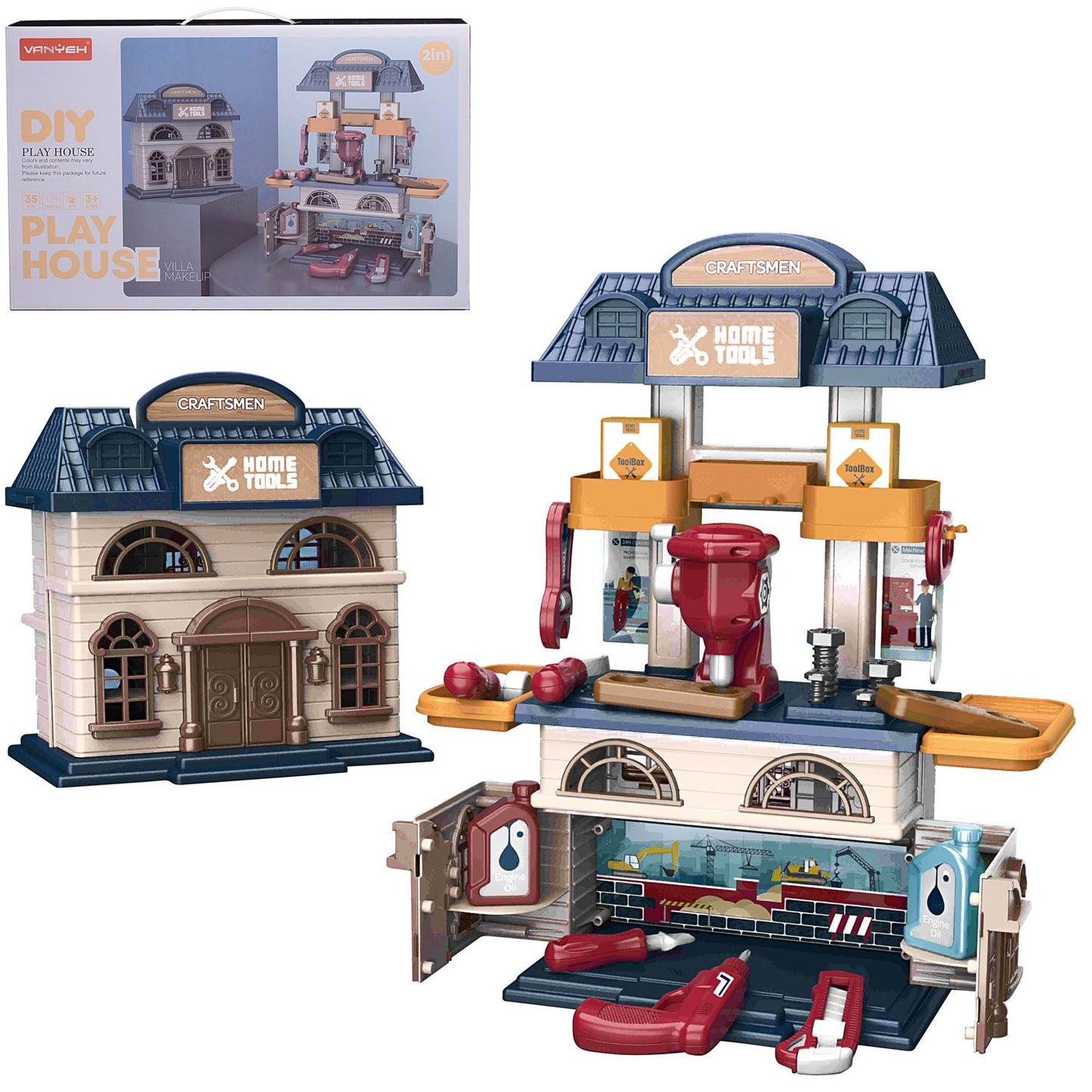 2-in-1 Kids Tool Workshop Play House – DIY Craftsman Home Tools Set