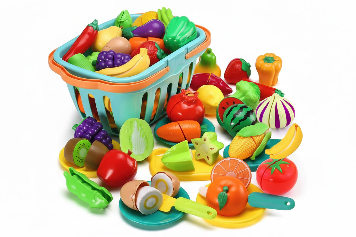 68-Piece Toddler Pretend Play Food Set with Cutting Tools & Grocery Basket