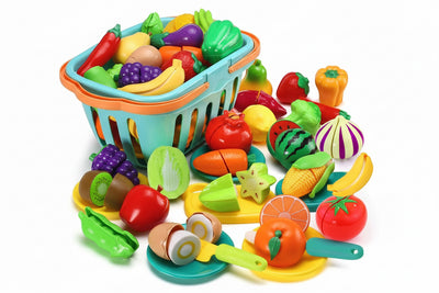 68-Piece Toddler Pretend Play Food Set with Cutting Tools & Grocery Basket