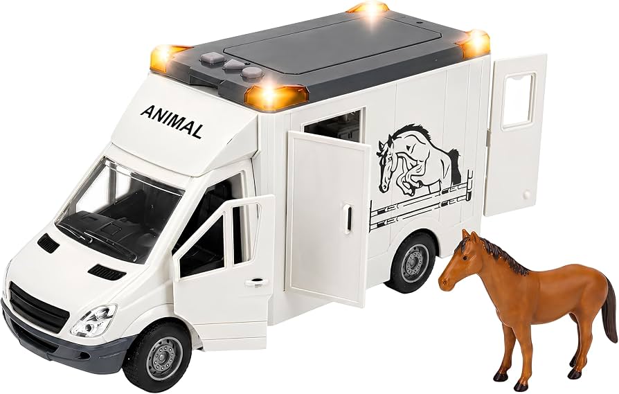 Interactive Friction-Powered "Horse Transporter" Van Toy with Realistic Horse Figure, Lights & Sound Effects (Ages 3+)