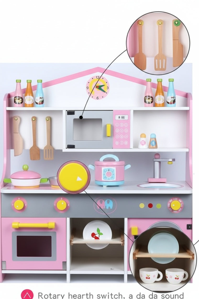 Interactive Wooden Play Kitchen Set with Cooking Accessories & Washing Machine (Pink & White)
