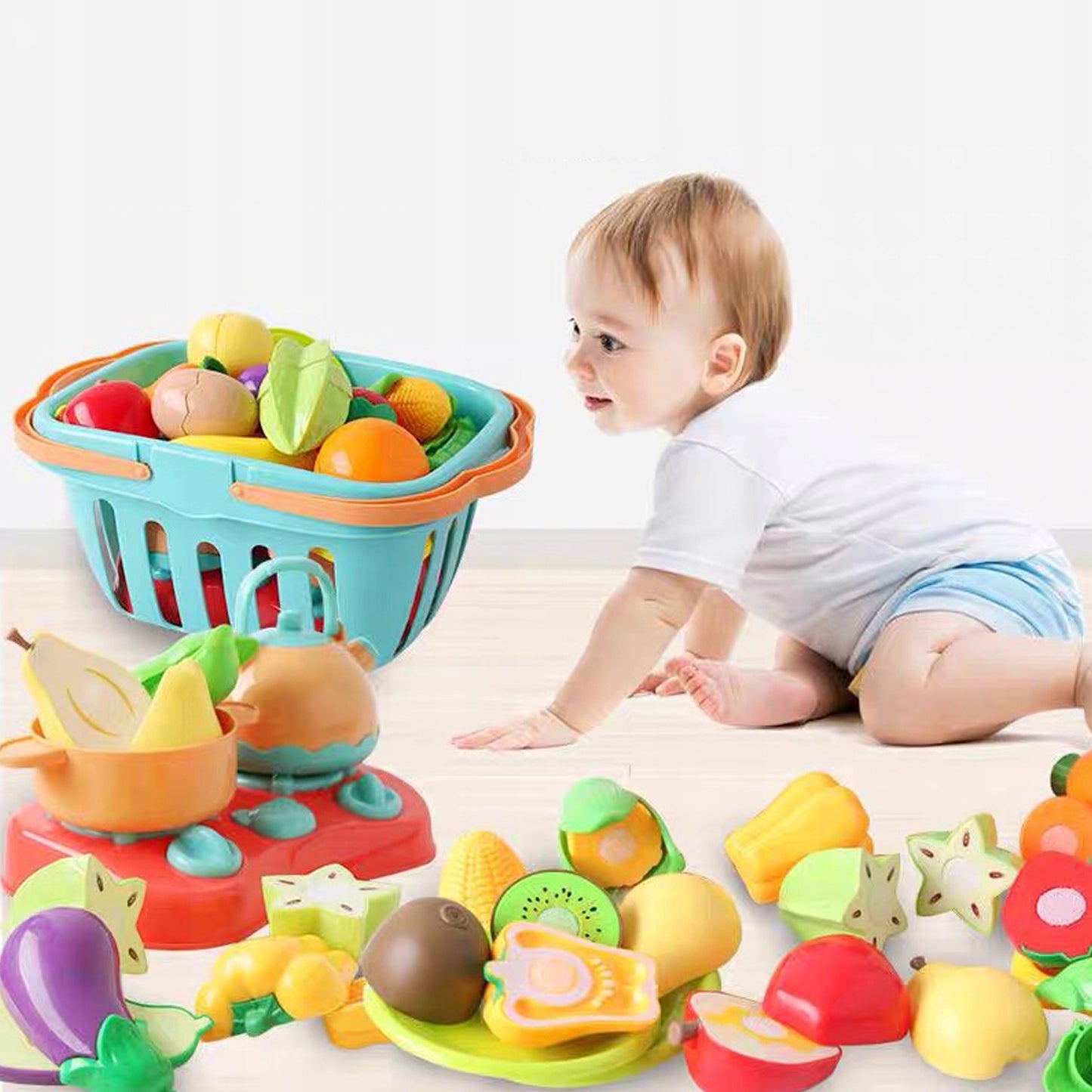 68-Piece Toddler Pretend Play Food Set with Cutting Tools & Grocery Basket