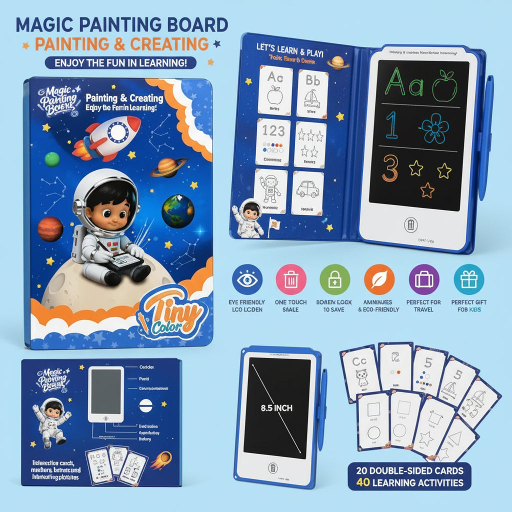 Magic Painting Board" 8.5-Inch Educational LCD Writing Tablet with 20 Double-Sided Learning Cards (Space Astronaut Edition / Ages 3+)