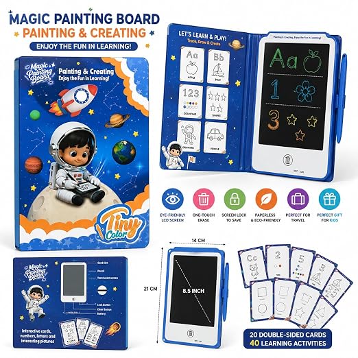 Magic Painting Board" 8.5-Inch Educational LCD Writing Tablet with 20 Double-Sided Learning Cards (Space Astronaut Edition / Ages 3+)