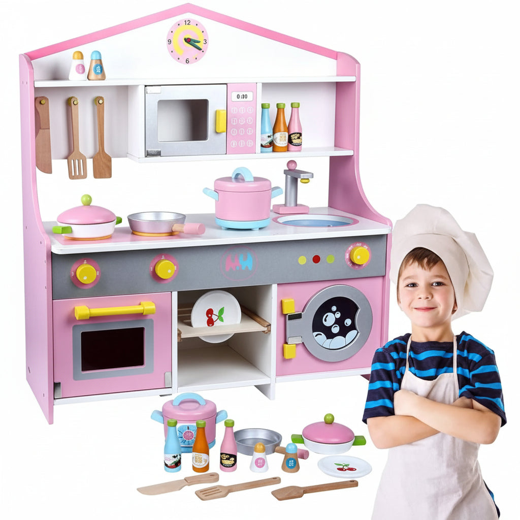 Interactive Wooden Play Kitchen Set with Cooking Accessories & Washing Machine (Pink & White)