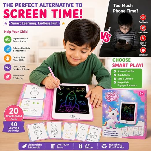 Magic Painting Board" 8.5-Inch Educational LCD Writing Tablet with 20 Double-Sided Learning Cards (40 Activities / Ages 3+)