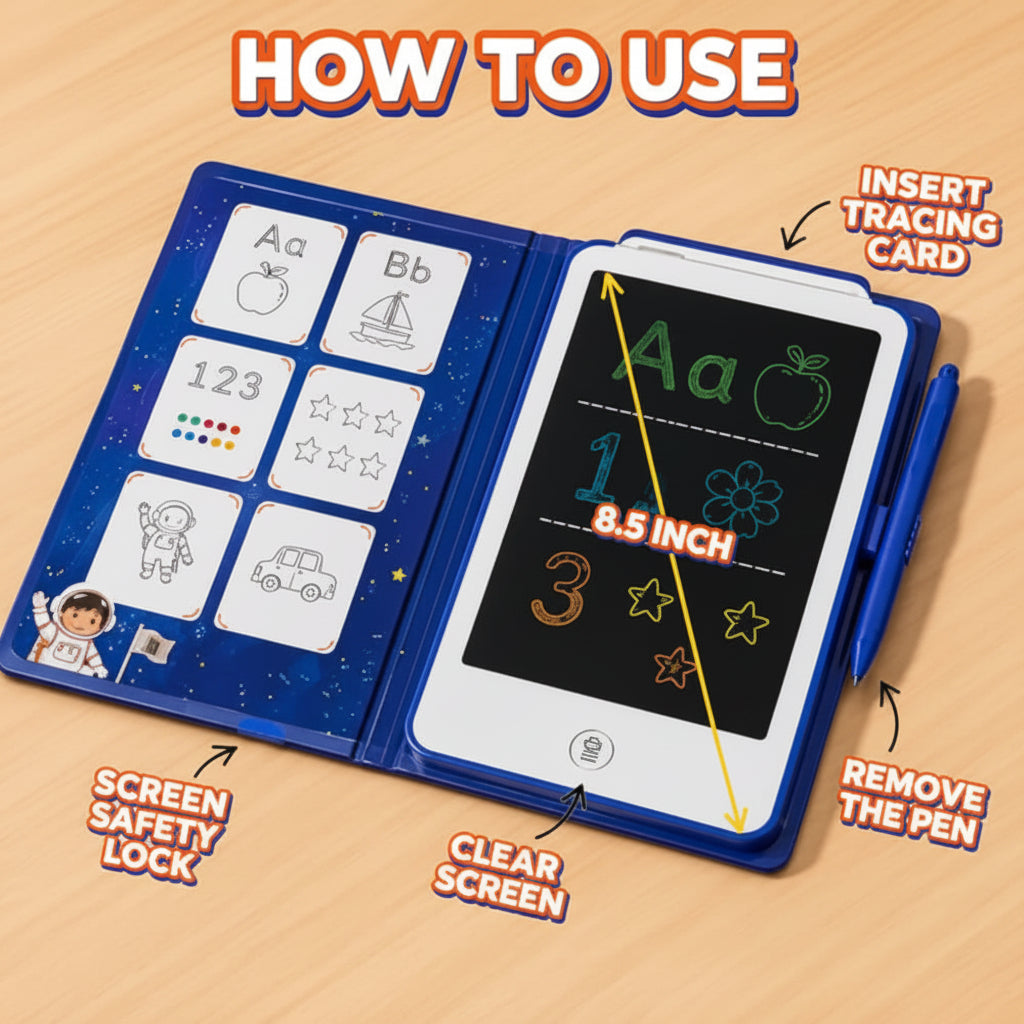 Magic Painting Board" 8.5-Inch Educational LCD Writing Tablet with 20 Double-Sided Learning Cards (Space Astronaut Edition / Ages 3+)