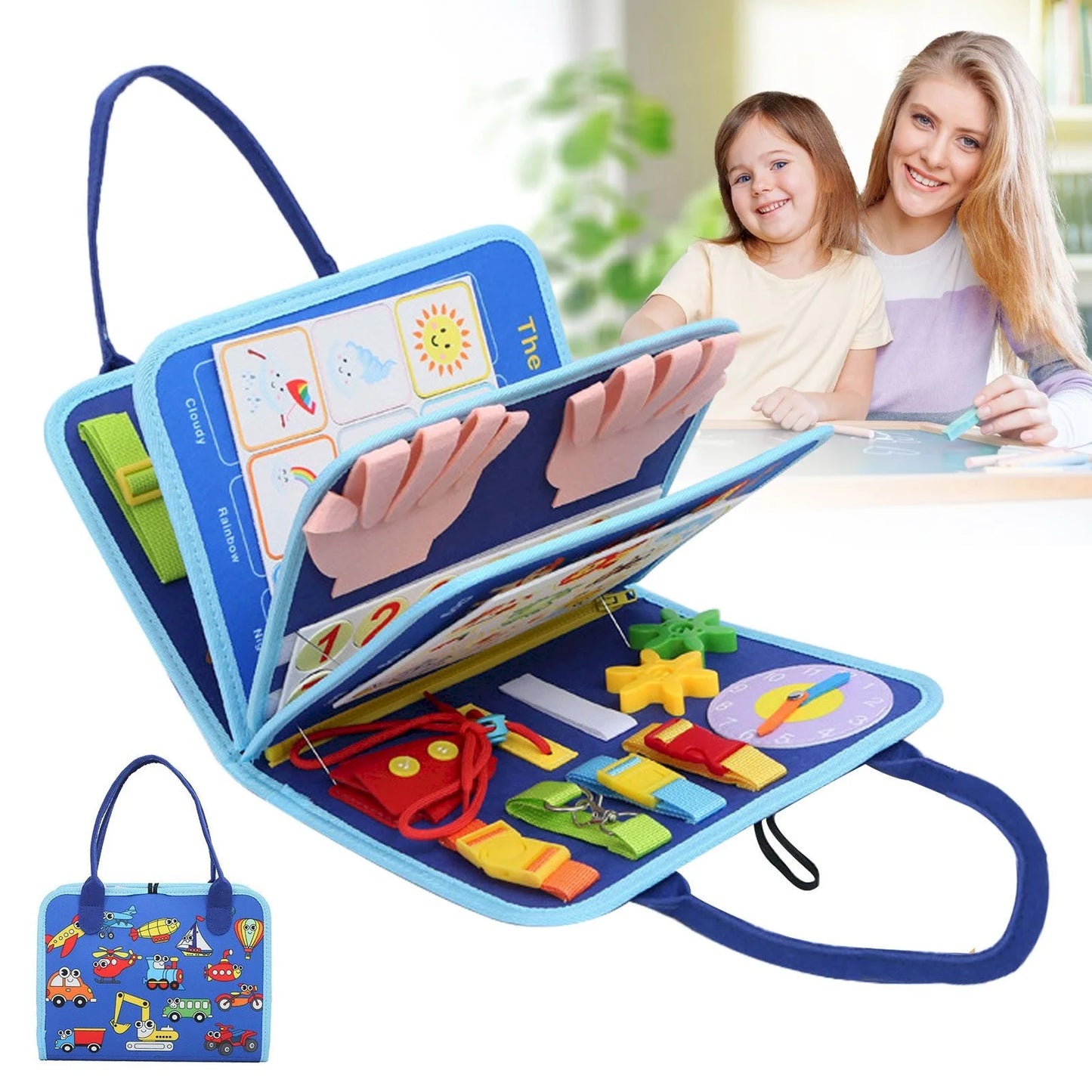 Montessori  vechiles themed Felt Busy Board – 20-in-1 Portable Activity Book