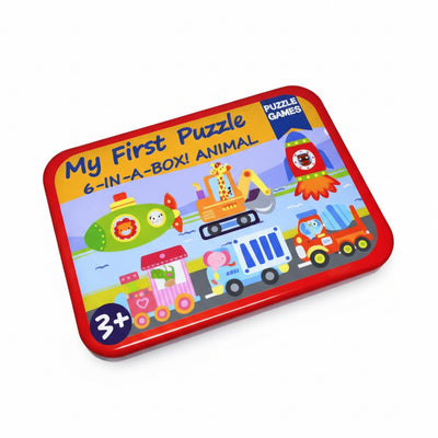 My First Wooden Jigsaw Puzzle Set – Animals in Vehicles Collection (6-in-1 Tin Box)