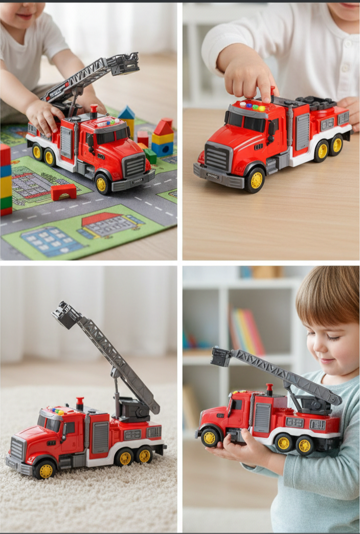 City Sprinkler Fire Truck – Aerial Ladder Toy Car with Water Spray
