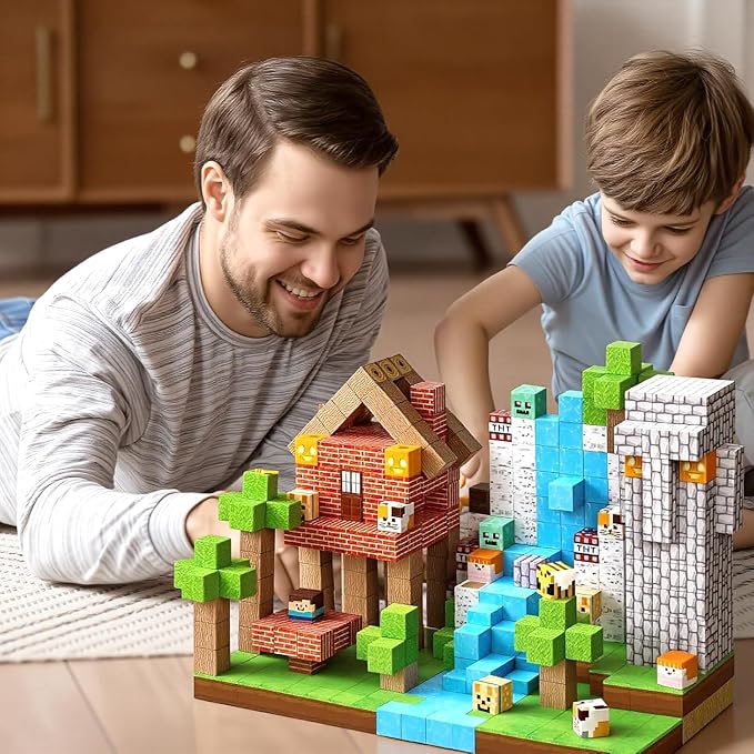 Minecraft-Style "Magnetic Cube - Free to Build" 3D Interactive Building Blocks Set (Ages 3+ Years)