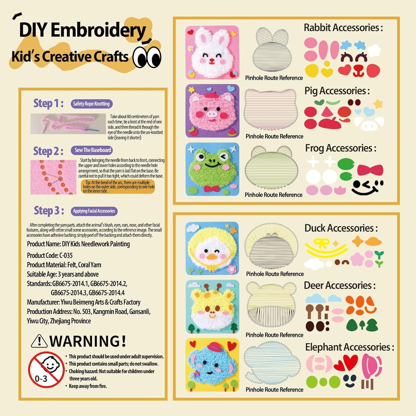 Cute Animals DIY Yarn Embroidery Sensory Craft Kit for Kids (Ages 3-6 Years)