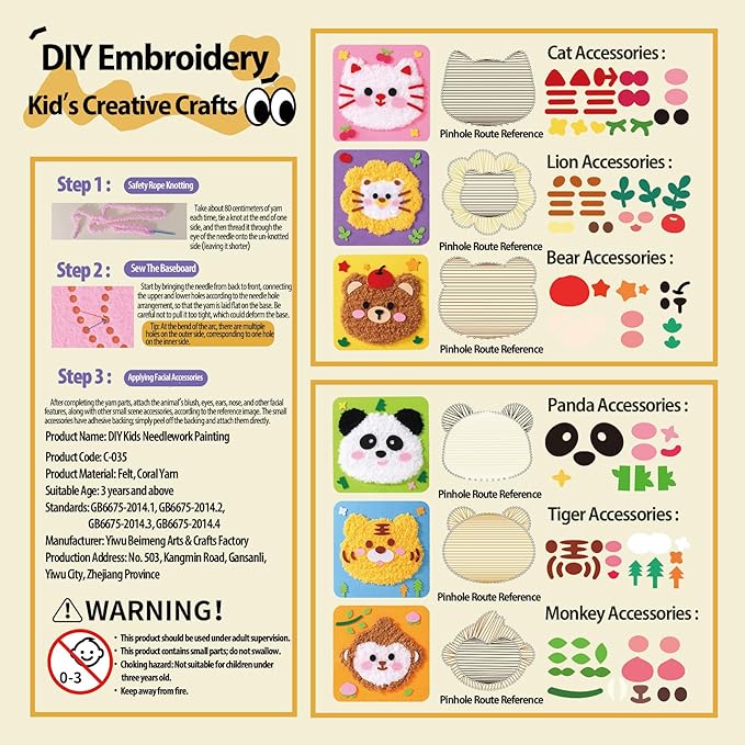 Cute Animals DIY Yarn Embroidery Sensory Craft Kit for Kids (Ages 3-6 Years)