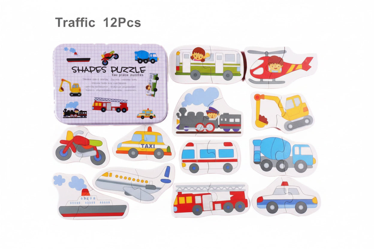 Wooden Transportation Shape Puzzle Set for Kids – Two-Piece Vehicles Puzzle