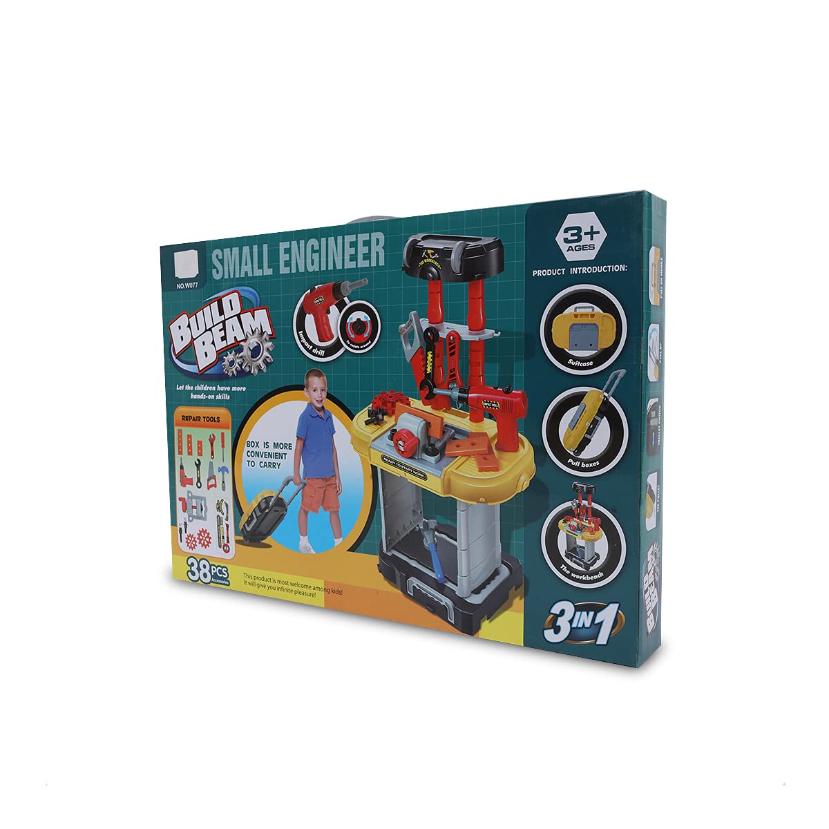 3-in-1 Kids Tool Kit Set – 38 Pieces Suitcase, Pull Box & Workbench