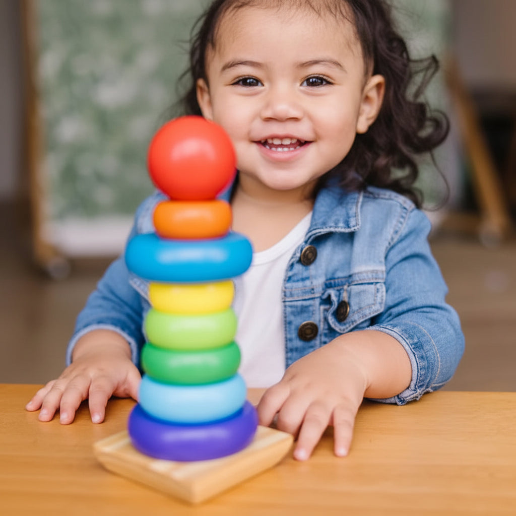 Wooden Rainbow Stacking Ring Tower Classic Montessori Stacker & Color Sorting Toy for Toddlers (Ages 1-3)
