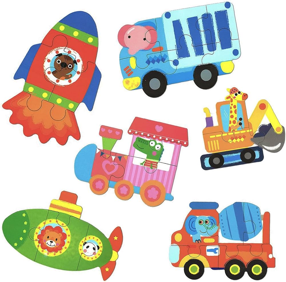 My First Wooden Jigsaw Puzzle Set – Animals in Vehicles Collection (6-in-1 Tin Box)