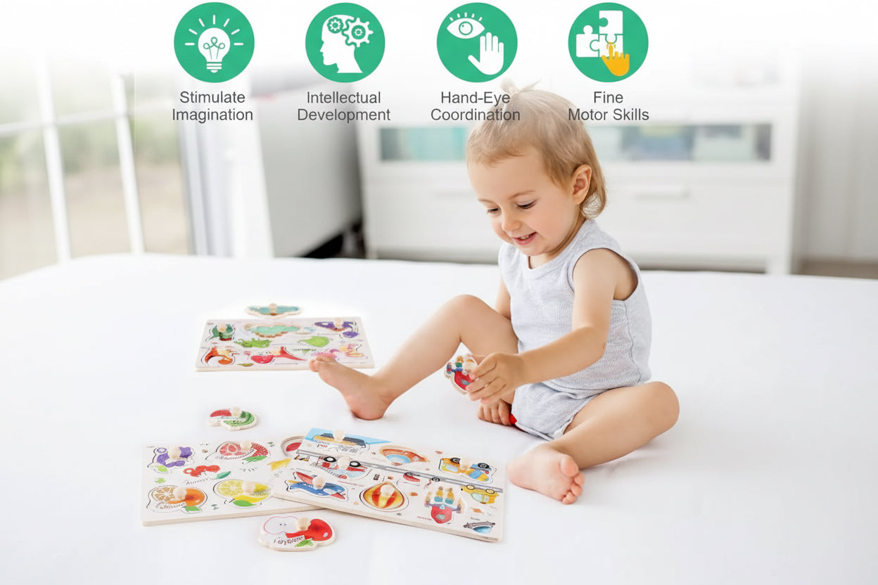 Ultimate Wooden Peg Puzzle bundle– 3-in-1: Farmyard Fun, Wildlife Safari, and Vehicles & Spaceships