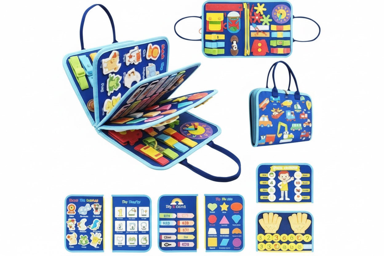 Montessori  vechiles themed Felt Busy Board – 20-in-1 Portable Activity Book