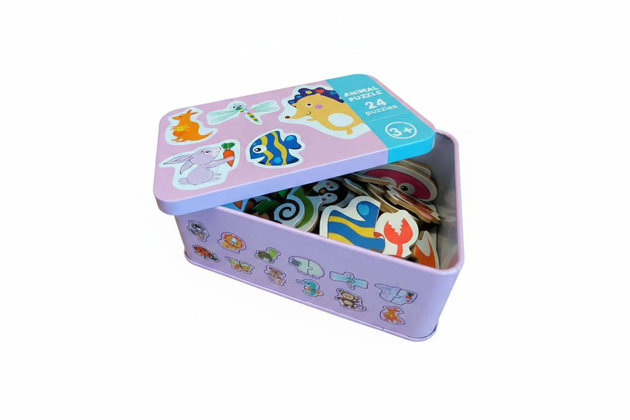 Wooden Animals Cartoon Puzzle Set– 24 Pieces Educational Animal & Shape Toy