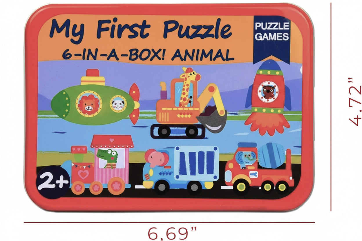 My First Wooden Jigsaw Puzzle Set – Animals in Vehicles Collection (6-in-1 Tin Box)
