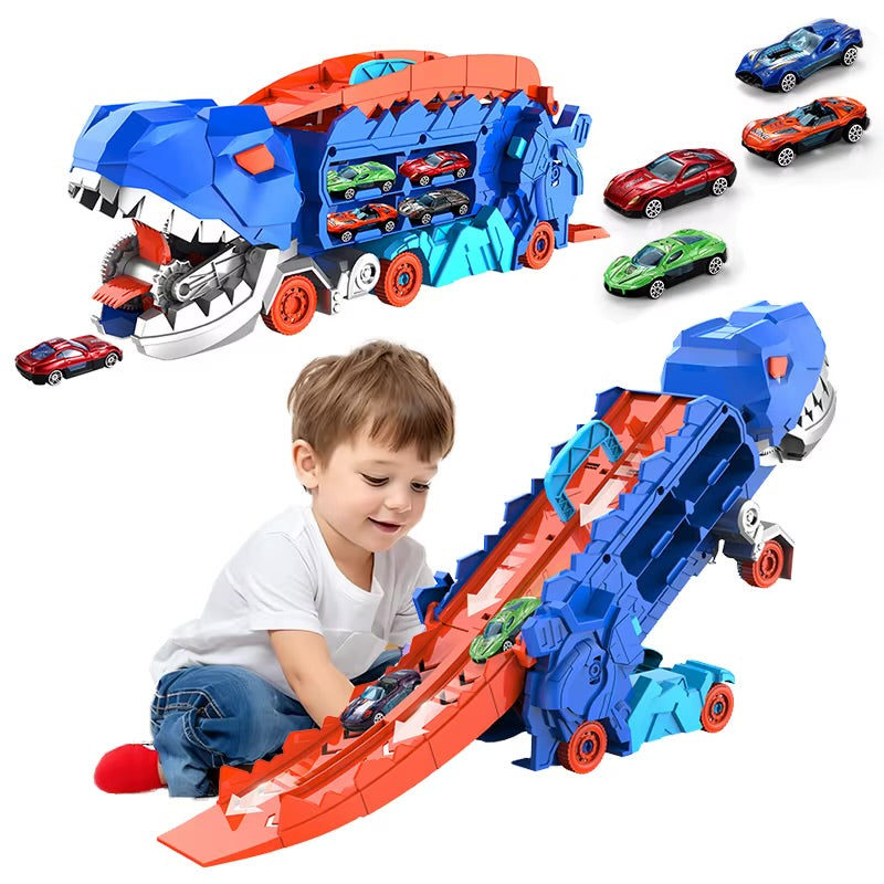 Dinosaur Transporter Truck & Transforming Race Track Set for Kids (Ages 3â€“6)