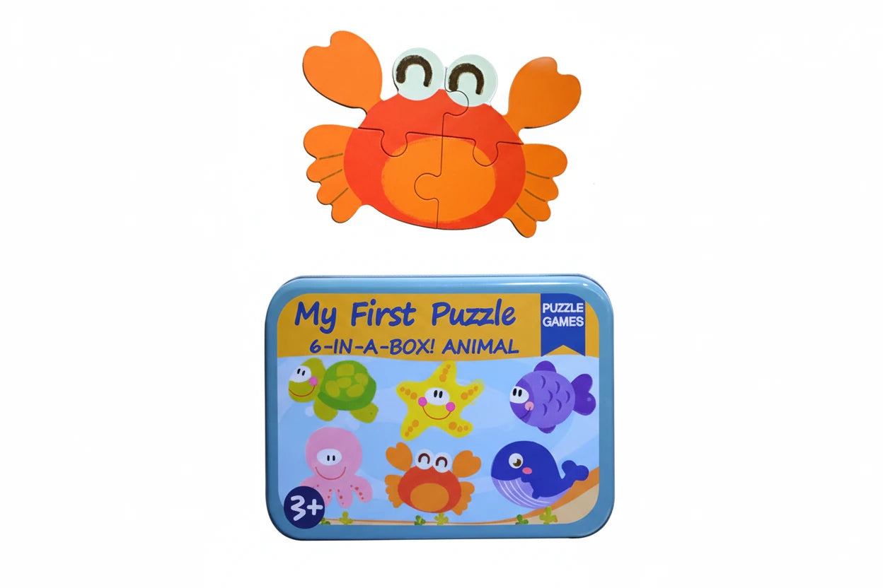 My First Wooden Sea Animals Jigsaw Puzzle Set – 5-in-1 Educational Tin Box