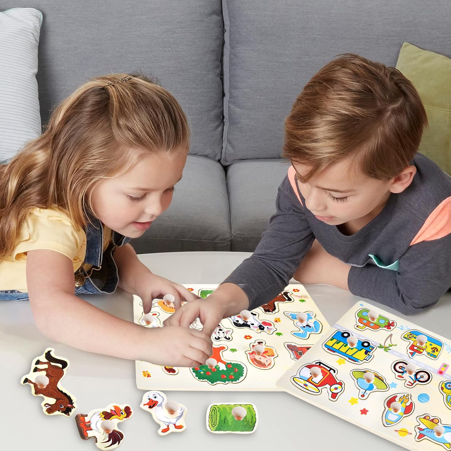 3-in-1 Wooden Peg Puzzle Bundle – Fruits, Vegetables, and Jungle Animals