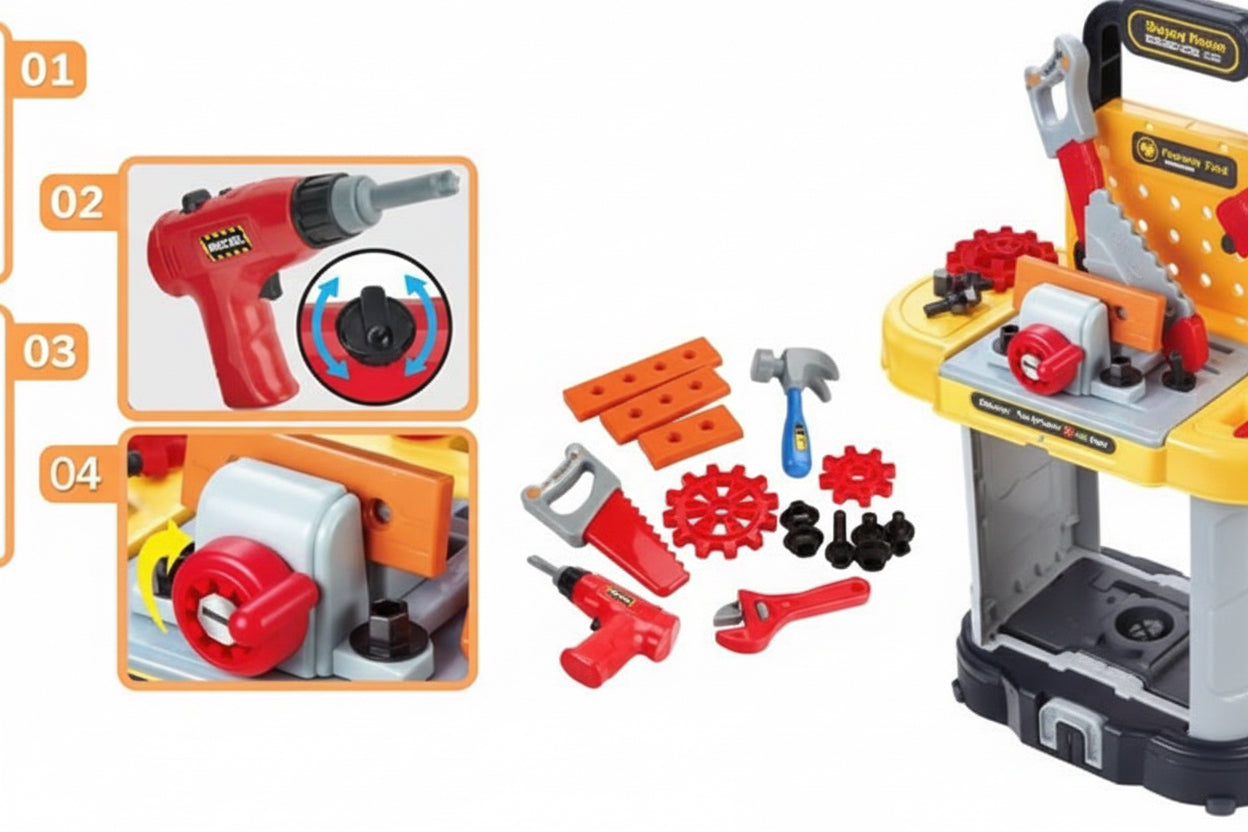 3-in-1 Kids Tool Kit Set – 38 Pieces Suitcase, Pull Box & Workbench