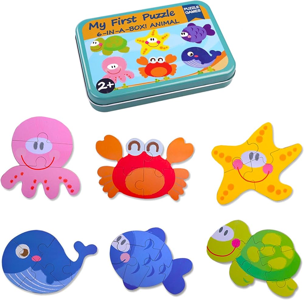 My First Wooden Sea Animals Jigsaw Puzzle Set – 5-in-1 Educational Tin Box