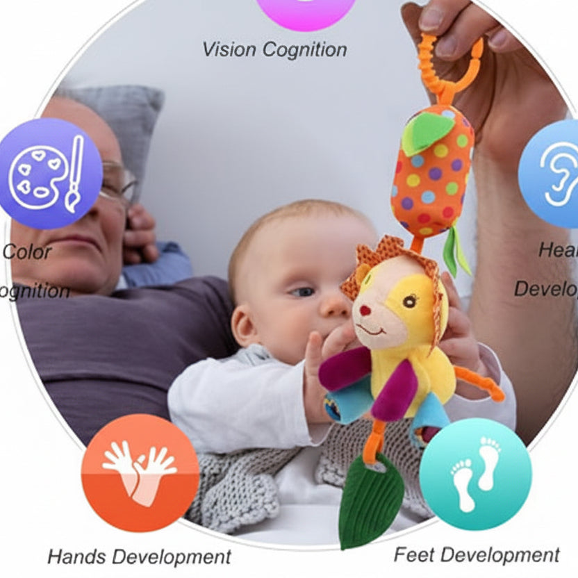 Soothing Sensory Plush – Hanging Stroller Toy with Rattle & Teether