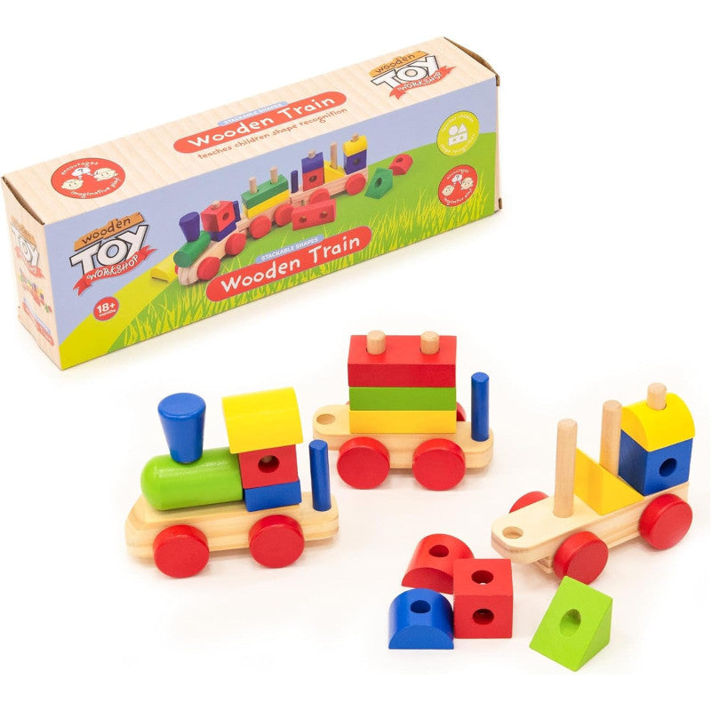 3-Section Geometric Shapes Train – Deluxe Wooden Pull-Along Set