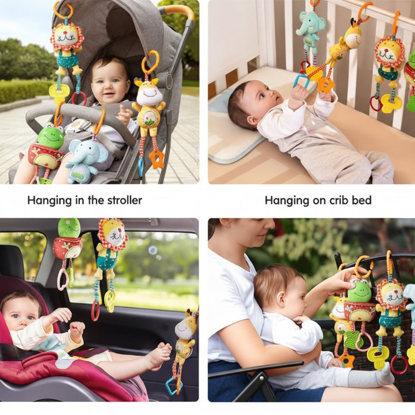 Soothing Sensory Plush – Hanging Stroller Toy with Rattle & Teether