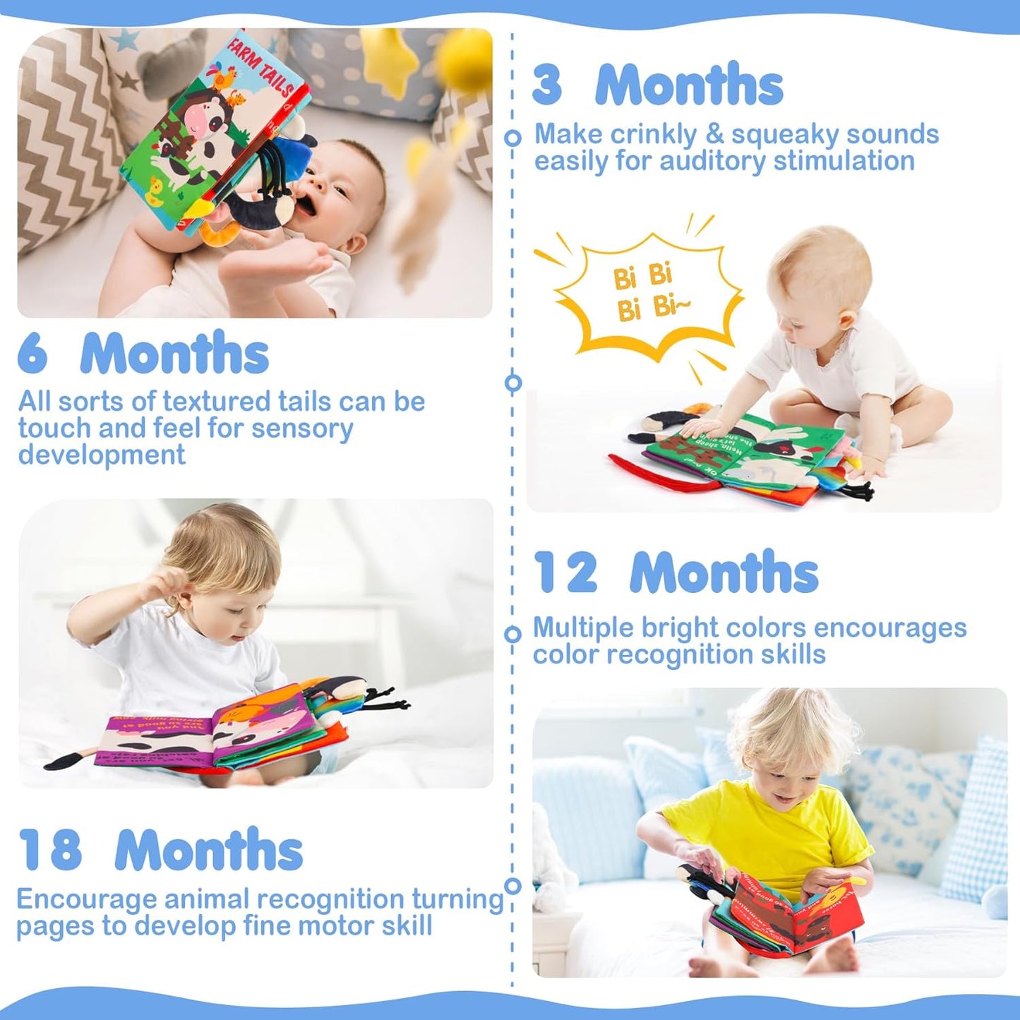 Birds Soft Cloth Book for Babies – Sensory Tails & Sound Buttons (0–36 Months)