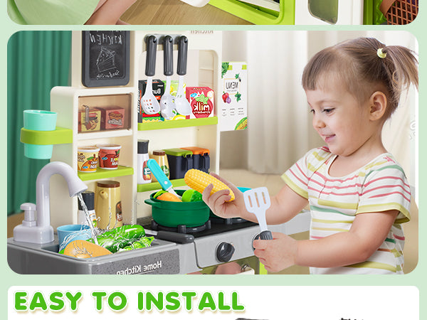 46 Piece Kitchen Toy for Children: Stove with Water Sink, Light and Steam Sound