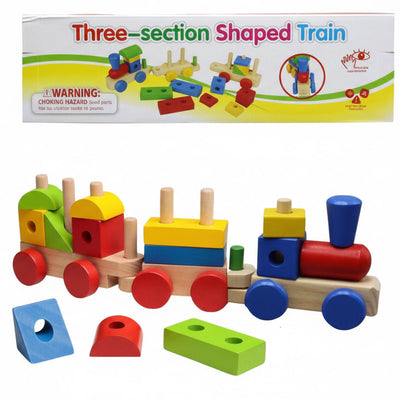3-Section Geometric Shapes Train – Deluxe Wooden Pull-Along Set