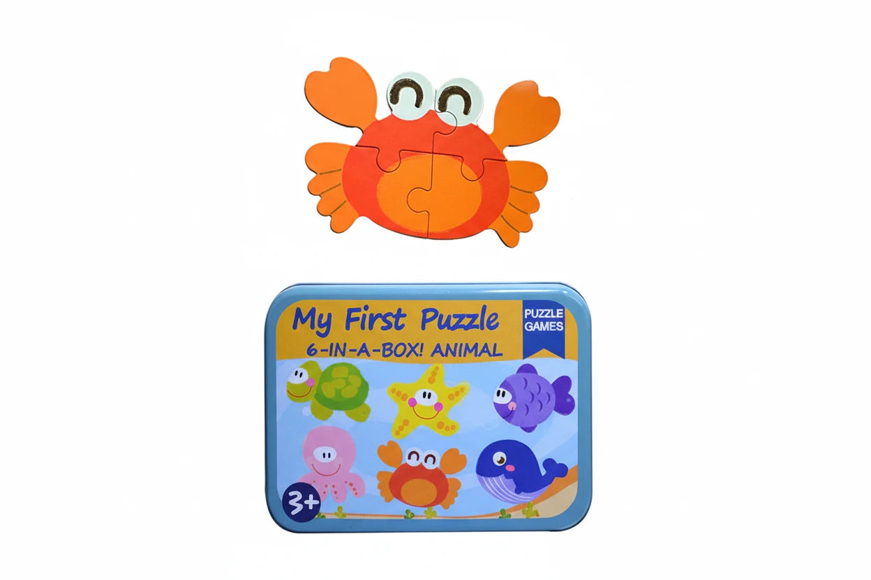 My First Wooden Sea Animals Jigsaw Puzzle Set – 5-in-1 Educational Tin Box