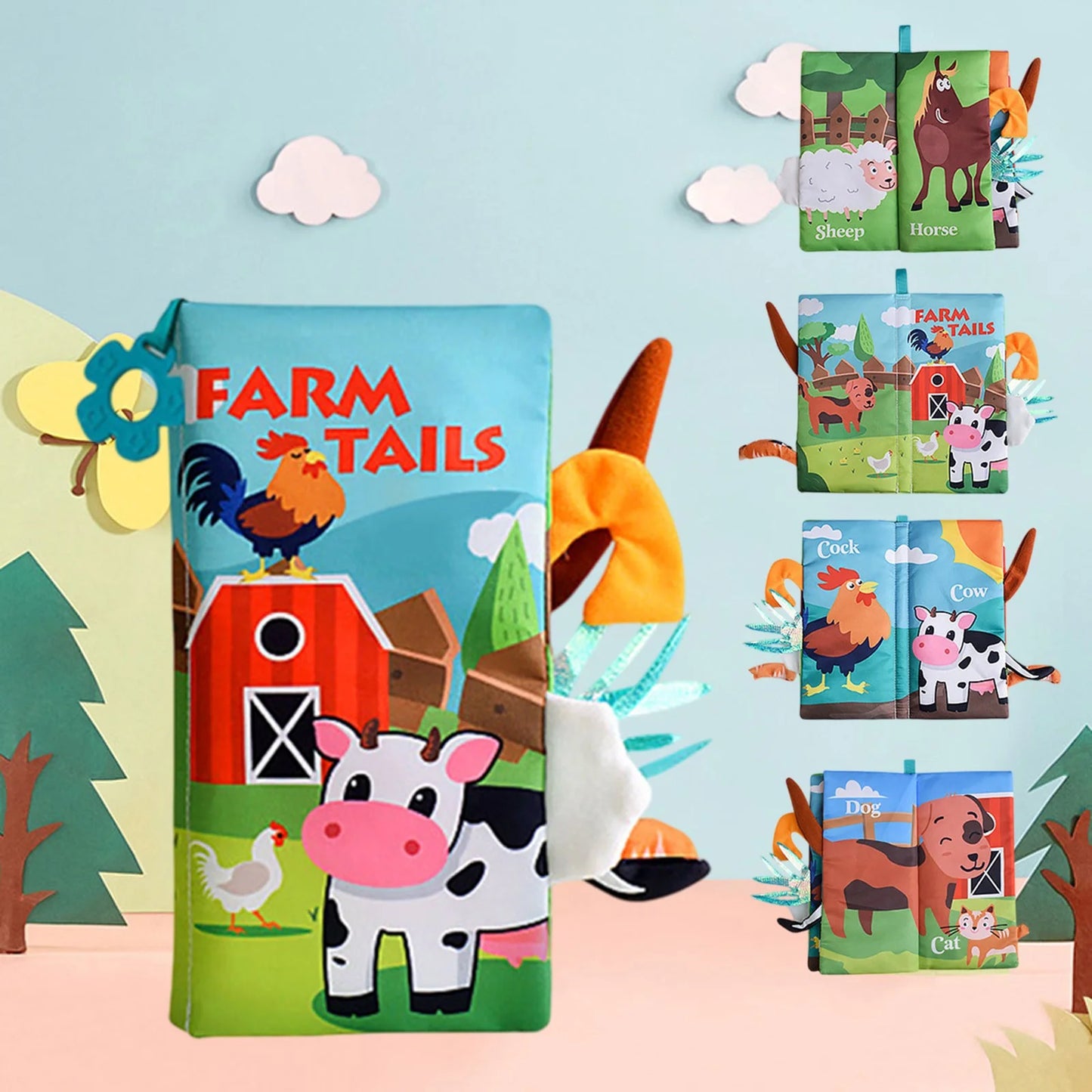 Farm Animals Soft Cloth Book for Babies – Sensory Tails & Sound Buttons (0–36 Months)