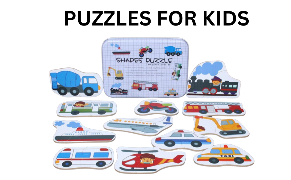 Wooden Transportation Shape Puzzle Set for Kids – Two-Piece Vehicles Puzzle