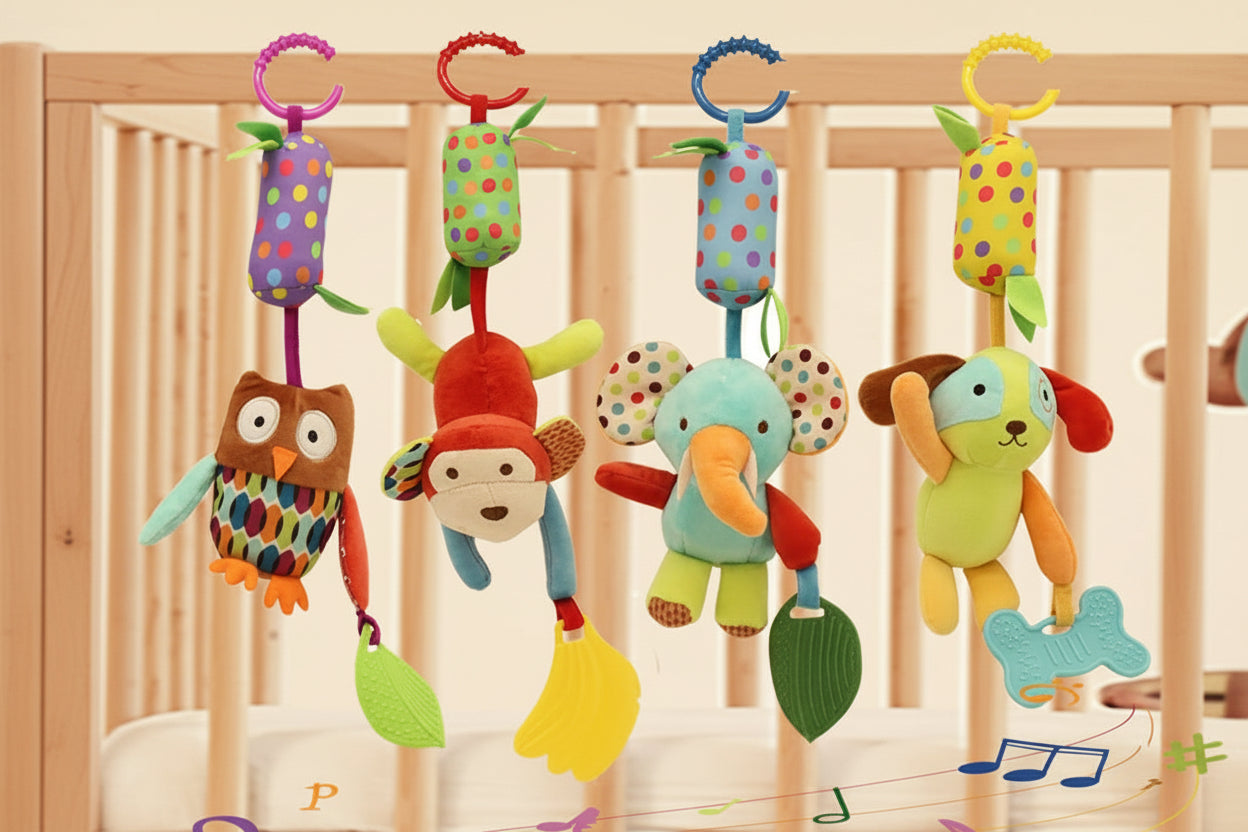 Soothing Sensory Plush – Hanging Stroller Toy with Rattle & Teether