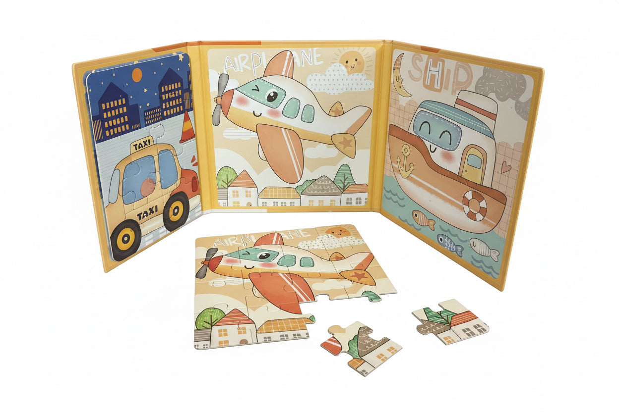 Step-by-Step Magnetic Vehicles Puzzle – 3-in-1 Leveled Learning Book