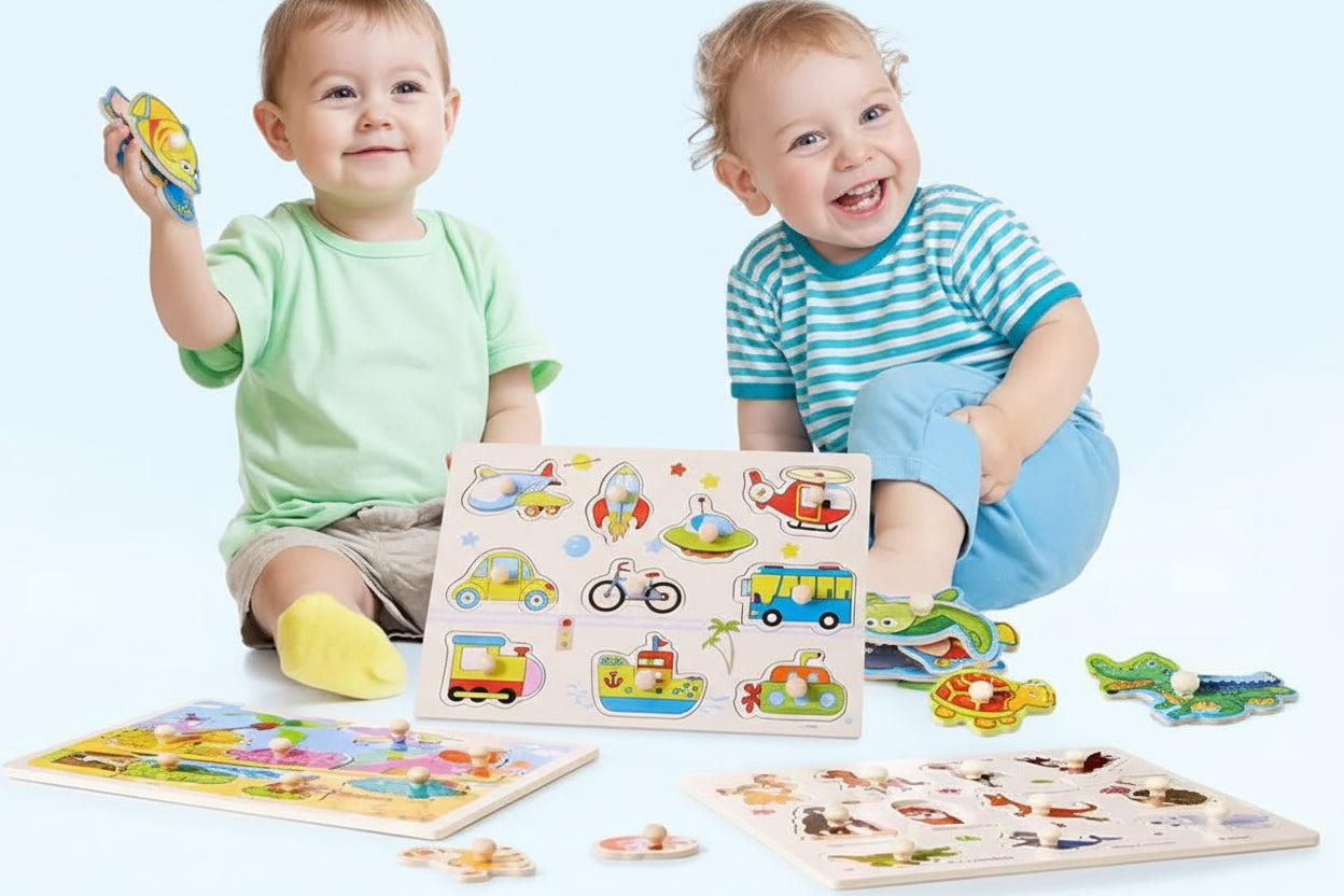 Ultimate Wooden Peg Puzzle bundle– 3-in-1: Farmyard Fun, Wildlife Safari, and Vehicles & Spaceships